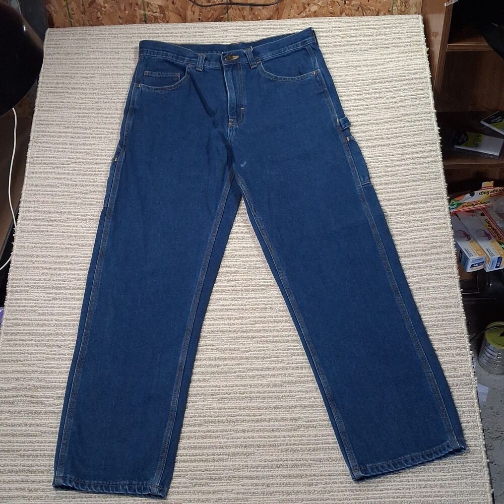 ​BERNE CARPENTER JEANS MENS 33x30 BLUE DENIM UTILITY POCKETS HOOK LOOP PANTS...